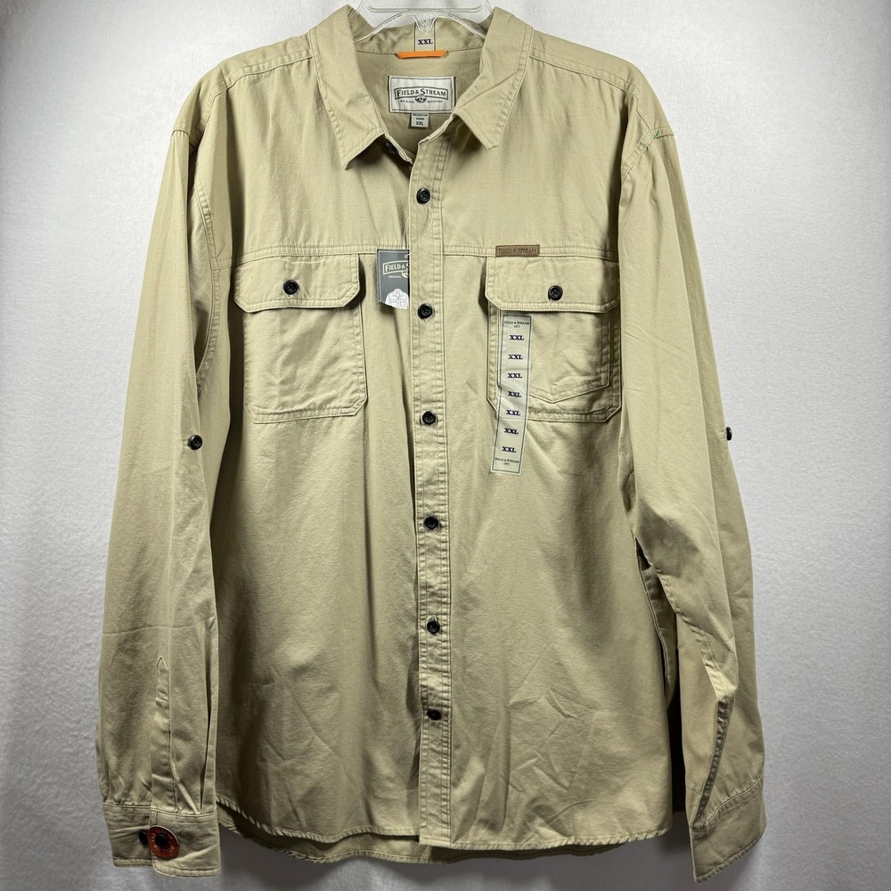 Field & Stream Shirt Mens 2XL Beige Long Sleeve Roll-Up Cotton Outdoor Hiking